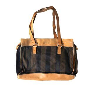 Iconic Vintage FENDI Roma 1925 Brown & Tan Stripe Canvas & Leather Tote Bag